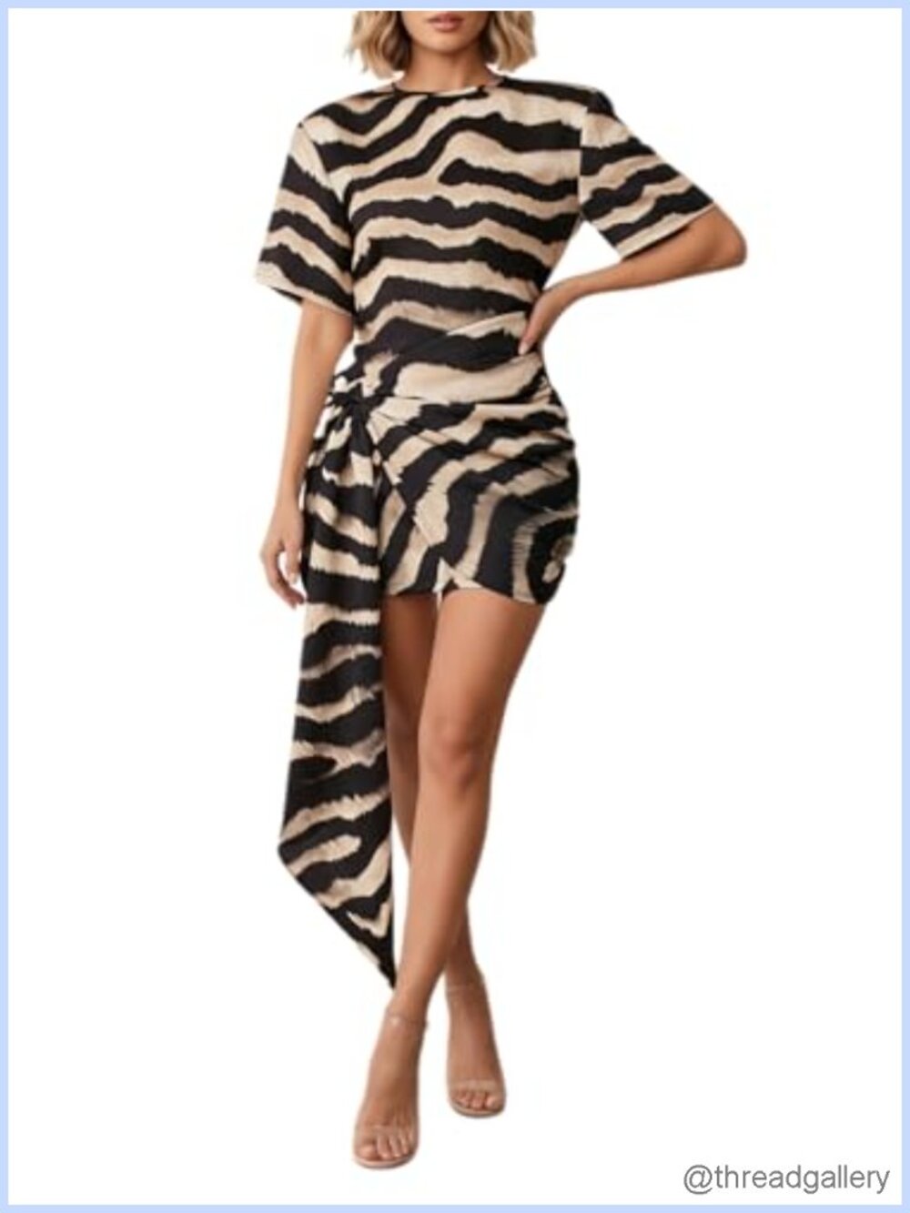 Zebra Striped Short Sleeve Bodycon Mini Dress Ruched Slim Fit